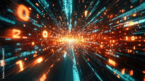 Digital Data Stream with Glowing Bits and Binary Code Representing Data Transfer