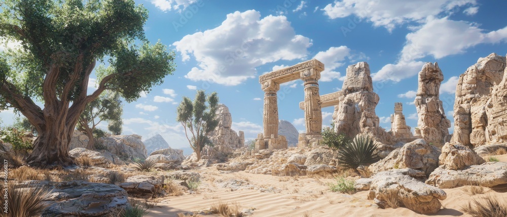Obraz premium Ancient Ruins Amidst a Desert Landscape with a Clear Blue Sky