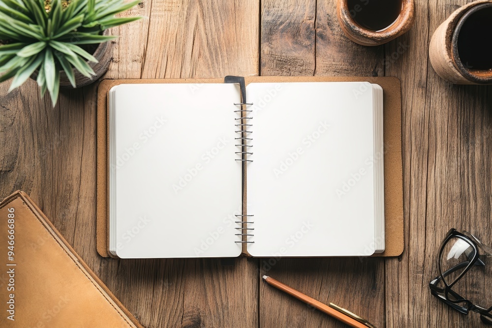 A flat lay mockup featuring an open notebook with blank pages on a rustic wooden desk. The scene includes a pen, glasses, and a potted plant, creating a minimalistic and inviting workspace. A flat lay mockup featuring an open notebook with blank pages on a rustic wooden desk. The scene includes a pen, glasses, and a potted plant, creating a minimalistic and inviting workspace.