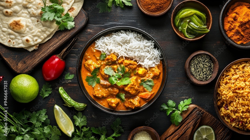 A flavorful and aromatic curry with a blend of Arabian and Asian spices, served with fluffy basmati rice. The vibrant colors and fresh herbs create a visually appealing and enticing dish. A flavorful and aromatic curry with a blend of Arabian and Asian spices, served with fluffy basmati rice. The vibrant colors and fresh herbs create a visually appealing and enticing dish.