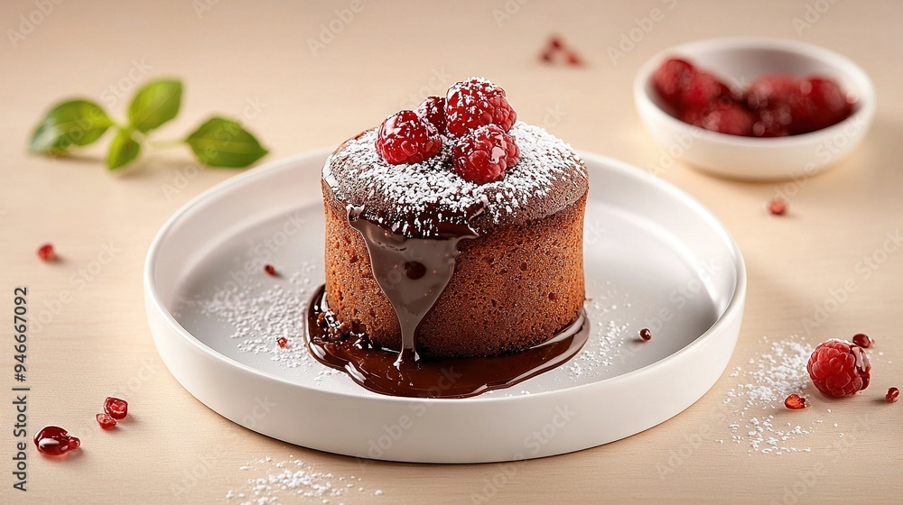 A white plate holds a chocolate cake dusted with powdered sugar and garnished with raspberries, accompanied by a bowl of fresh raspberries A white plate holds a chocolate cake dusted with powdered sugar and garnished with raspberries, accompanied by a bowl of fresh raspberries