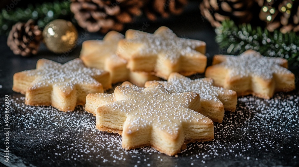 Pile of Shortbread Stars on Black Plate with Pine Cones and Christmas Ornament Pile of Shortbread Stars on Black Plate with Pine Cones and Christmas Ornament