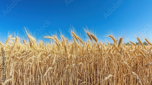 A rustic field of ripened wheat, with golden stalks swaying in the breeze under a clear blue sky