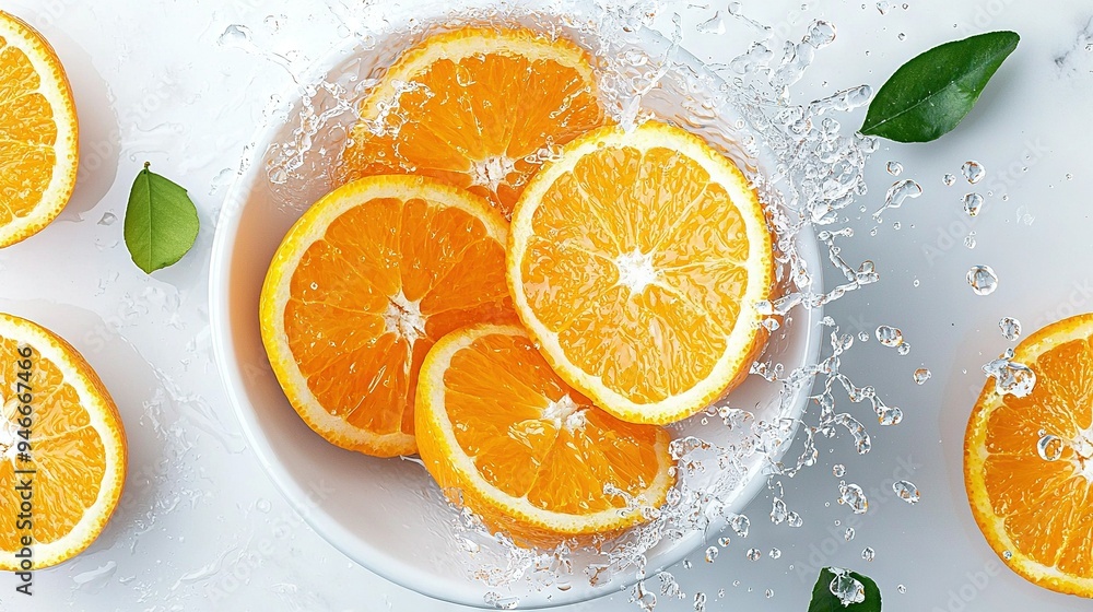 A plate with orange slices sits beside green leaves on a white table A plate with orange slices sits beside green leaves on a white table