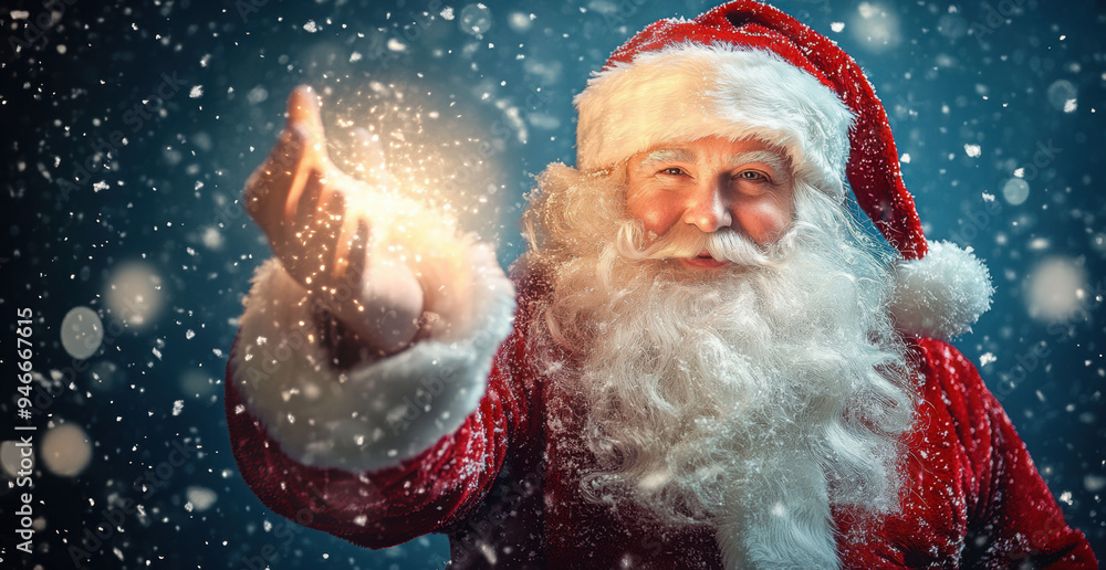 Happy Santa Claus holding glowing christmas ball over defocused blue background with copy space
