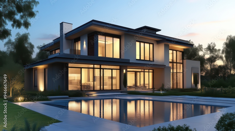 Modern luxury house with large windows and a pool, illuminated by soft evening light, surrounded by lush greenery and trees. Modern luxury house with large windows and a pool, illuminated by soft evening light, surrounded by lush greenery and trees.