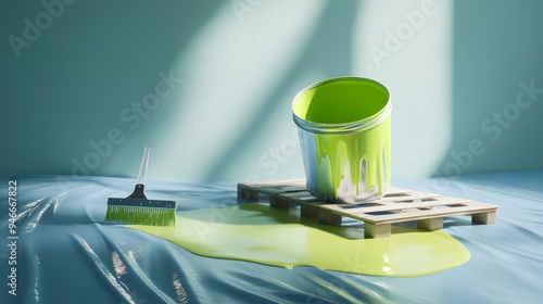 A green paint bucket has been knocked over, spilling its contents onto a blue drop cloth. The paint is spreading out in a puddle, and a brush is nearby. The scene suggests a messy and unfinished proje photo