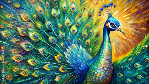 Beautiful art picture of a peacock with a spread colorful tail, illustration, oil painting