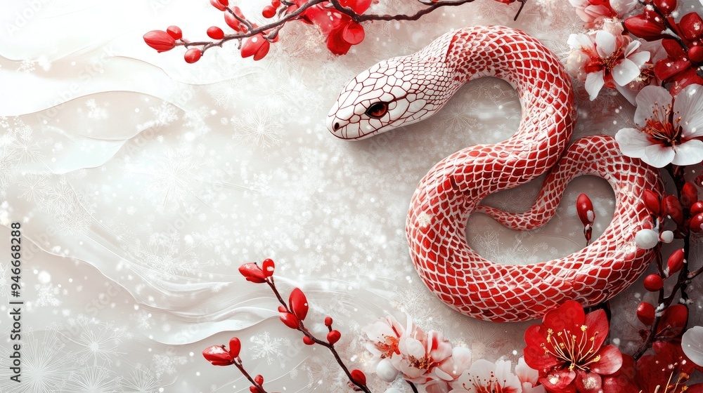 Obraz premium Stunning Red and White Snake among Blossoms in Winter Wonderland Stock Photo