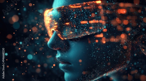 Futuristic Digital Concept: Person with Data-Infused Augmented Reality Glasses in Virtual Space photo