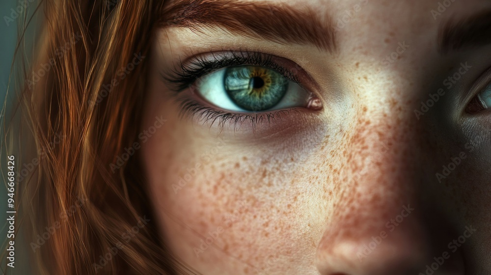 Close-up of a woman's green eye with freckles Close-up of a woman's green eye with freckles