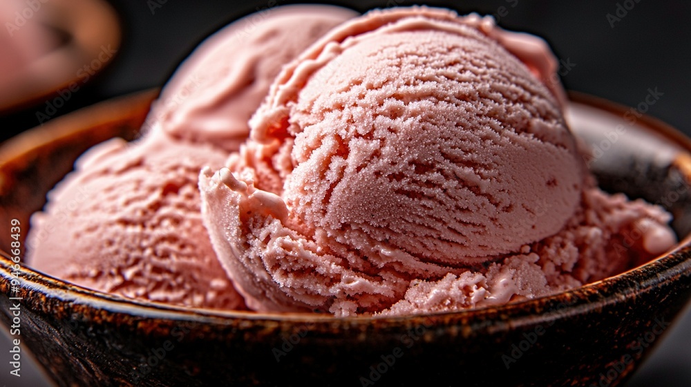 A wooden table holds a bowl brimming pink ice cream and an adjacent bowl of ice cream A wooden table holds a bowl brimming pink ice cream and an adjacent bowl of ice cream