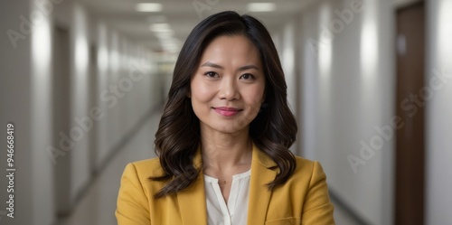 Professional portrait of confident woman in yellow blazer 