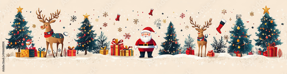 Obraz premium happy new year and merry Christmas winter old town street. christmas town city panorama. Santa Claus with deers in sky above the city. Vector illustration in flat style