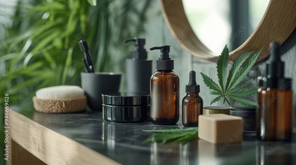 cbd beauty trends, elegant vanity display showcasing beauty products infused with cannabis leaf extracts, promoting natural and stylish beauty trends cbd beauty trends, elegant vanity display showcasing beauty products infused with cannabis leaf extracts, promoting natural and stylish beauty trends