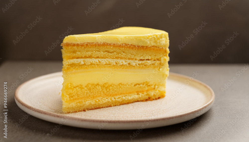 Slice of creamy cake with layers of yellow buttercream and soft sponge on plate. Tasty sweet food Slice of creamy cake with layers of yellow buttercream and soft sponge on plate. Tasty sweet food