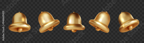 Gold bells collection. Different ringing bells isolated on dark transparent background. Christmas symbol, alarm clock, attention, alert, signal, new