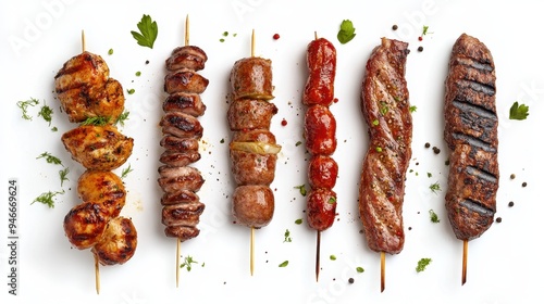 A variety of grilled meat dishes on skewers, showcasing different flavors and textures, perfect for a summer barbecue celebration