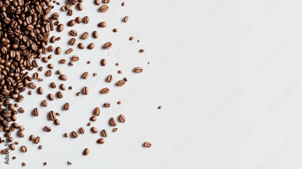 A minimalistic image featuring coffee beans scattered on a white background, creating a visually appealing and inviting composition. The beans are arranged in a dynamic pattern, leaving ample space fo A minimalistic image featuring coffee beans scattered on a white background, creating a visually appealing and inviting composition. The beans are arranged in a dynamic pattern, leaving ample space fo