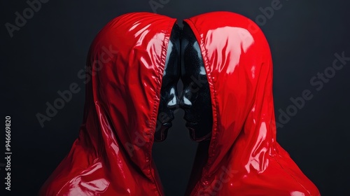 Two black faceless figures dressed in glossy red hoods stand closely, facing each other, representing an abstract concept of connection or confrontation. photo