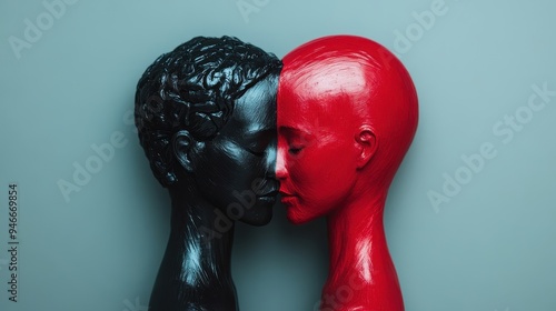 Two painted faces, one black and one red, are positioned in close proximity, nearly touching, evoking a sense of intimacy and the merging of contrasting elements. photo