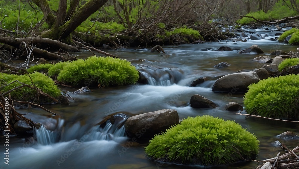 Spring's tranquility showcased through a detailed close-up of a stream and vegetation Spring's tranquility showcased through a detailed close-up of a stream and vegetation