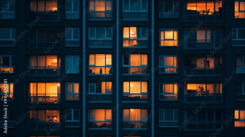 A nighttime view of a tall apartment building with windows glowing from inside, symbolizing urban life, anonymity, privacy, community, and the passage of time. A nighttime view of a tall apartment building with windows glowing from inside, symbolizing urban life, anonymity, privacy, community, and the passage of time.