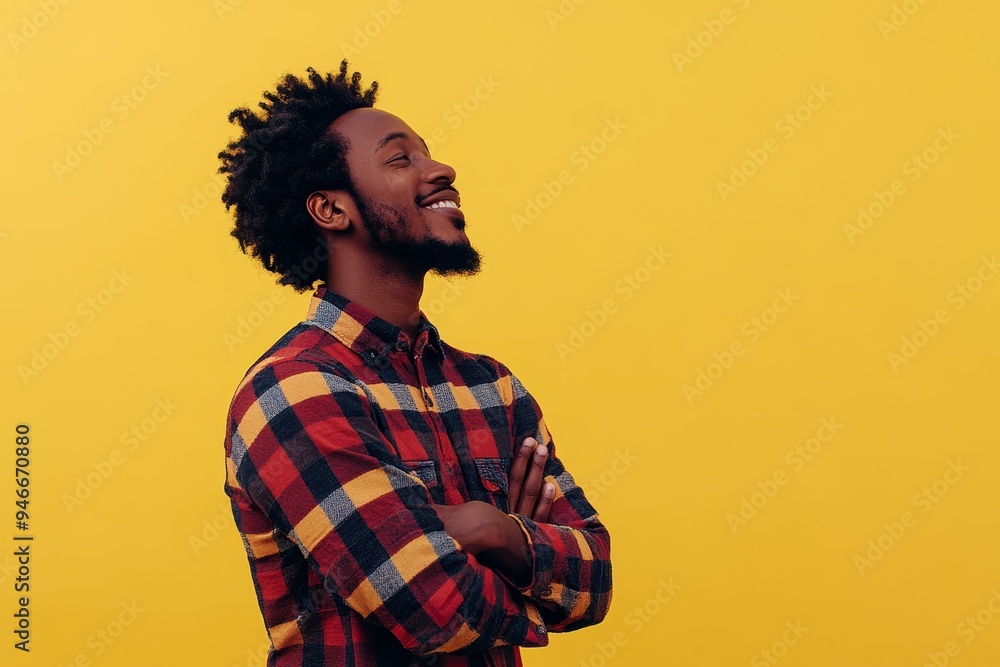 A portrait of a smiling African American man with a confident expression, wearing a checkered shirt and standing against a bright yellow background. He symbolizes positivity, success, and a hopeful ou A portrait of a smiling African American man with a confident expression, wearing a checkered shirt and standing against a bright yellow background. He symbolizes positivity, success, and a hopeful ou