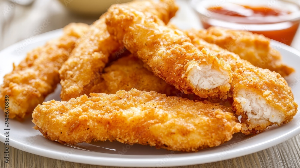 A plate of golden brown, crispy breaded chicken strips, perfect for a quick and easy meal or snack. The strips are arranged on a white plate, and a side of ketchup is visible in the background. These A plate of golden brown, crispy breaded chicken strips, perfect for a quick and easy meal or snack. The strips are arranged on a white plate, and a side of ketchup is visible in the background. These