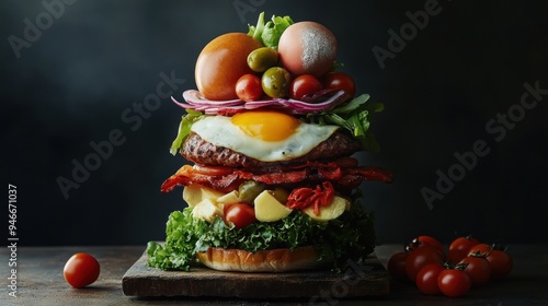 Deconstructed Cheeseburger with Fried Egg and Tomatoes photo