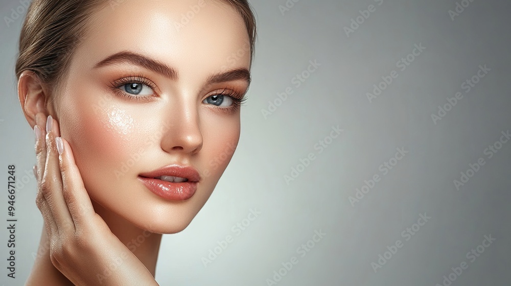 Naklejka premium Beautiful young woman with clean fresh skin on beige background, Face care, Facial treatment, Cosmetology, beauty and spa, women portrait. copy space.