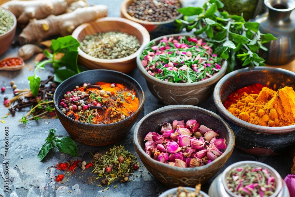 Assorted spices, herbs, and dried flowers in bowls on a rustic table with fresh ginger and greenery. Culinary ingredients for cooking and seasoning. Ayurveda, ayurvedic herbs, Generative AI Assorted spices, herbs, and dried flowers in bowls on a rustic table with fresh ginger and greenery. Culinary ingredients for cooking and seasoning. Ayurveda, ayurvedic herbs, Generative AI