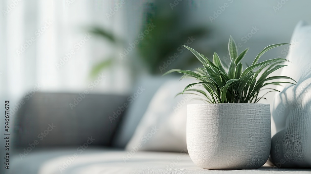 A stylish indoor plant in a white pot placed on a sofa, with a bright background and soft lighting creating a refreshing and modern ambiance perfect for any living space. A stylish indoor plant in a white pot placed on a sofa, with a bright background and soft lighting creating a refreshing and modern ambiance perfect for any living space.