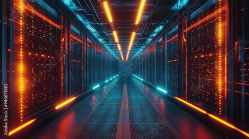 A data center with rows of server racks, their blinking lights and constant processing power symbolizing the backbone of modern technology