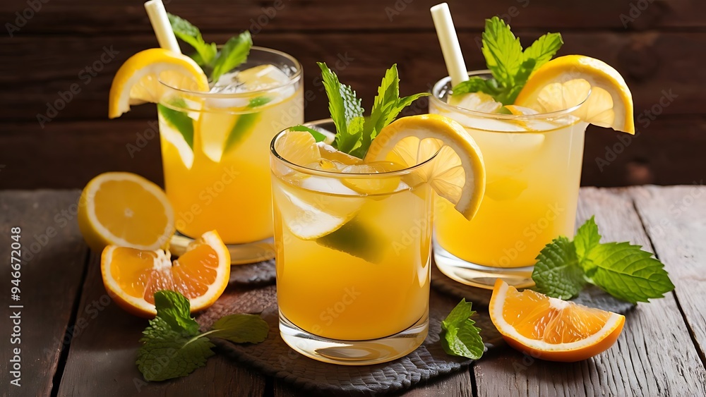 Fototapeta premium Close up view of summer fresh cocktails with lemon and orange pieces, mint, life holidays cocktails lettering isolated on white