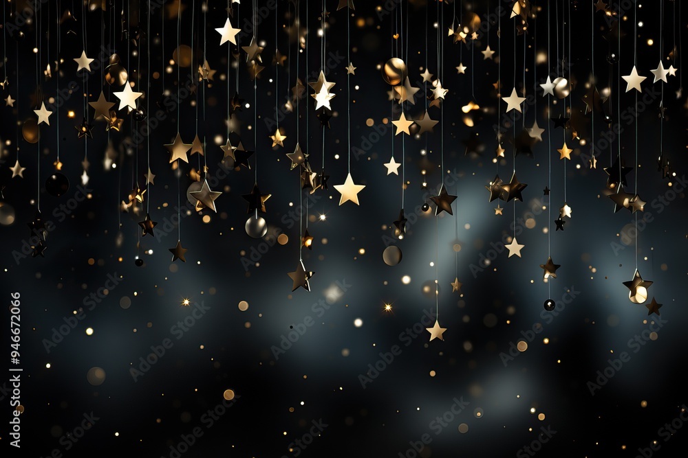Obraz premium Background with small yellow stars, yellow bokeh on a black and blue background.