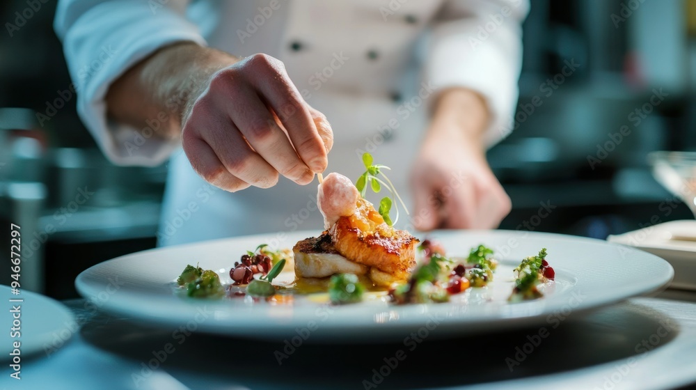 Chef Finishing a Gourmet Dish with a Garnish Chef Finishing a Gourmet Dish with a Garnish