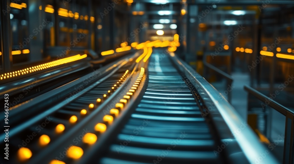 A close-up of an illuminated conveyor belt in a factory setting. A close-up of an illuminated conveyor belt in a factory setting.