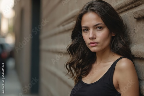 young woman walking in alley with flowers 