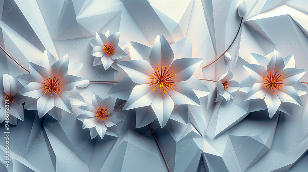 Obraz premium A white flower with orange petals is shown in a blue background