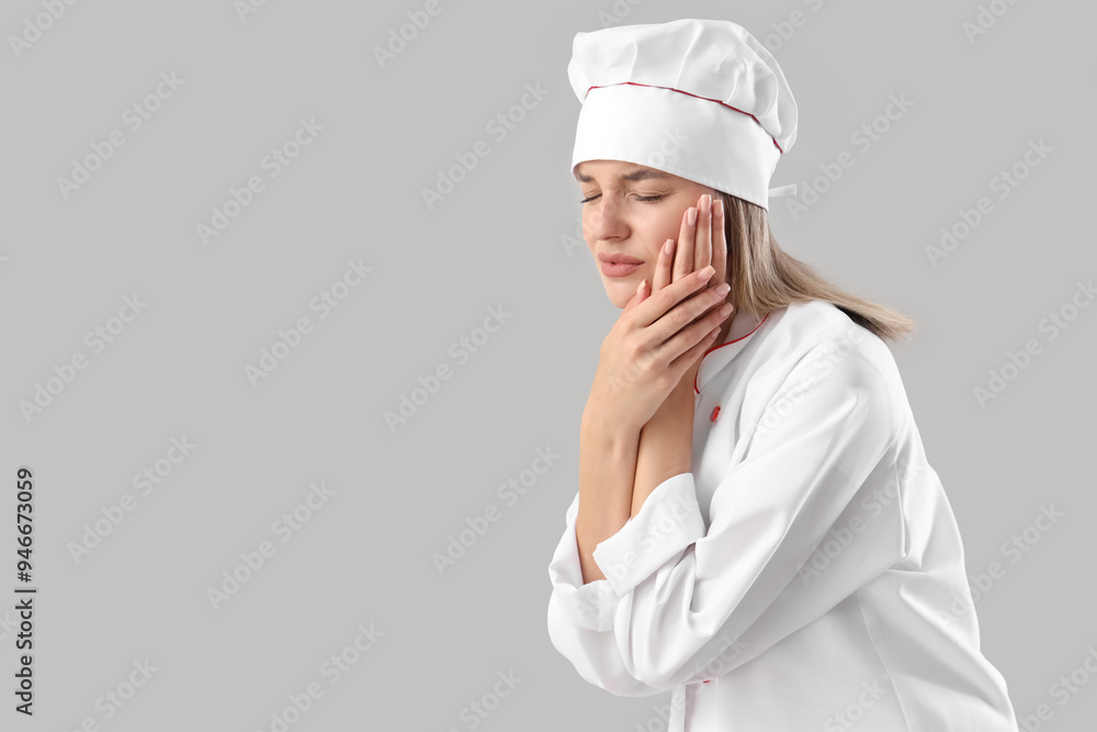 Young female chef suffering from tooth ache on grey background Young female chef suffering from tooth ache on grey background