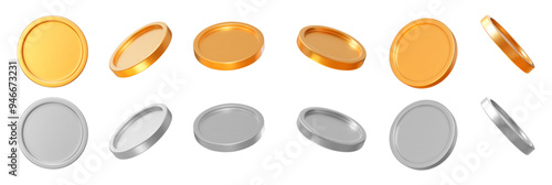 3D set golden and silver coins with different angles.  Symbol of gold and wealth. Stock vector illustration on isolated background.