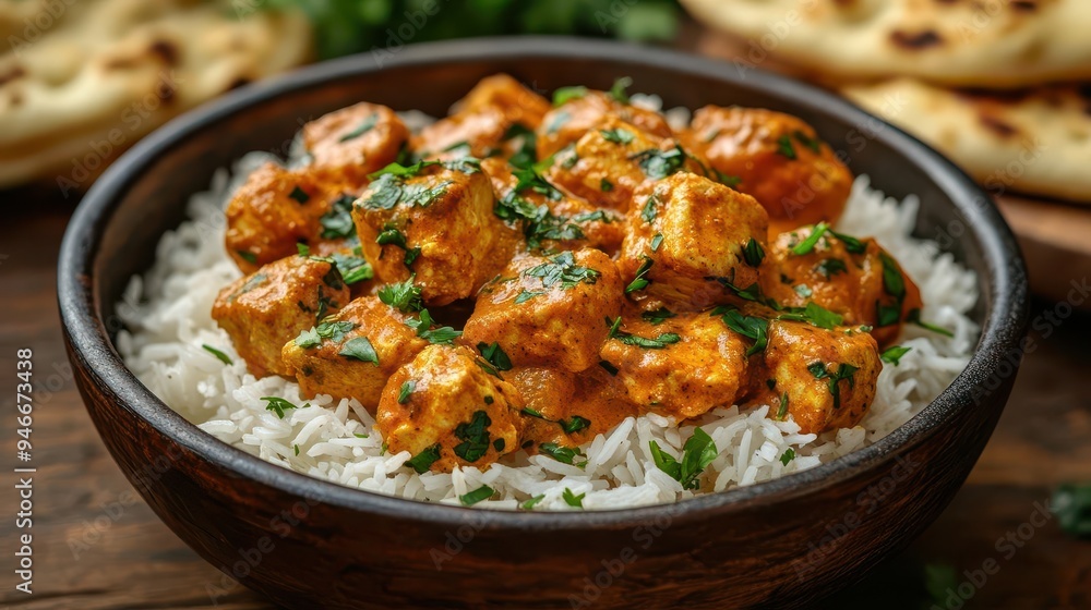 aromatic chicken tikka masala in rustic bowl alongside fragrant basmati rice and golden naan bread rich colors and textures highlighted on dark wooden surface garnished with fresh herbs aromatic chicken tikka masala in rustic bowl alongside fragrant basmati rice and golden naan bread rich colors and textures highlighted on dark wooden surface garnished with fresh herbs