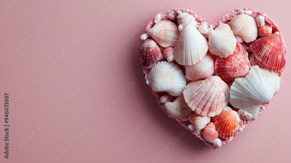 A heart-shaped collection of assorted red and white seashells on a pink surface, portraying themes of love and marine life, suitable for decor or romantic stock imagery. A heart-shaped collection of assorted red and white seashells on a pink surface, portraying themes of love and marine life, suitable for decor or romantic stock imagery.