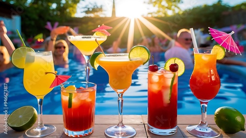 Party cocktails and longdrinks garnished with fruits for summer photo