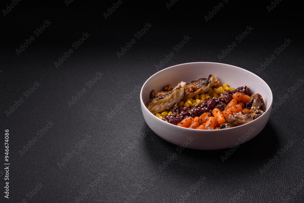 A colorful vegetarian dish consists of fish, beans, corn, mushrooms A colorful vegetarian dish consists of fish, beans, corn, mushrooms