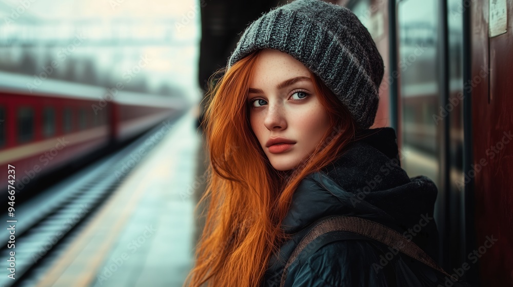 Young woman with vibrant red hair wearing a cozy beanie looks pensively at the camera while waiting at a train station on a cloudy day Young woman with vibrant red hair wearing a cozy beanie looks pensively at the camera while waiting at a train station on a cloudy day