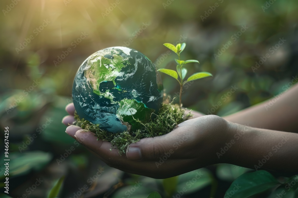 Hands holding a small Earth globe with a growing plant. Environmental conservation and sustainability concept. Generative AI Hands holding a small Earth globe with a growing plant. Environmental conservation and sustainability concept. Generative AI