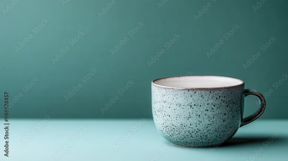 A close-up shot of a minimalistic ceramic cup with a speckled finish placed against a turquoise background, representing simplicity and modern design in pottery. A close-up shot of a minimalistic ceramic cup with a speckled finish placed against a turquoise background, representing simplicity and modern design in pottery.