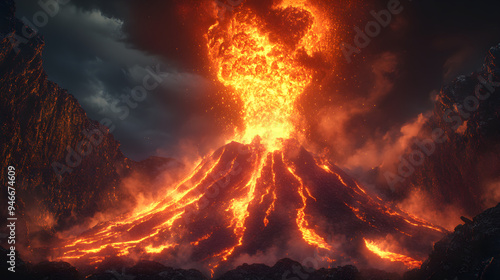 Massive Volcano Erupting, Spewing Rivers of Molten Lava and Ash